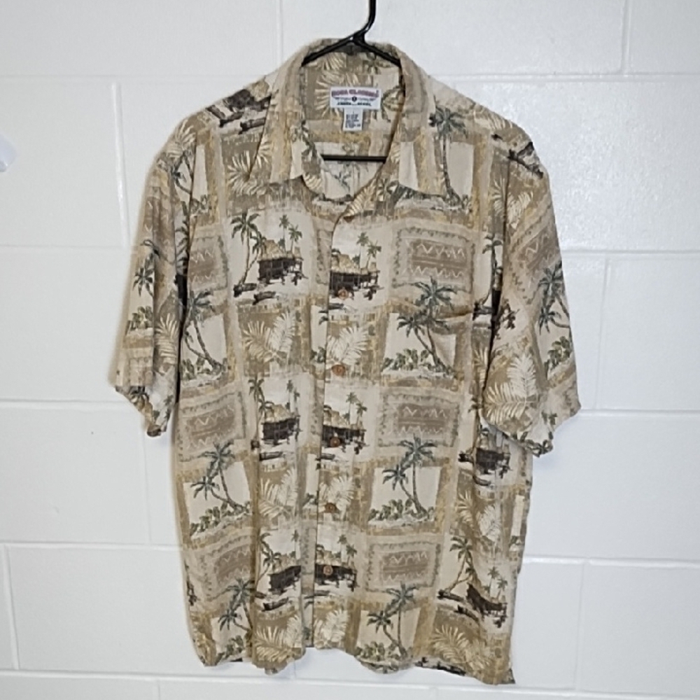 Island Beach Print Natural Colors Button Down Shirt Cocoanut Wood Buttons